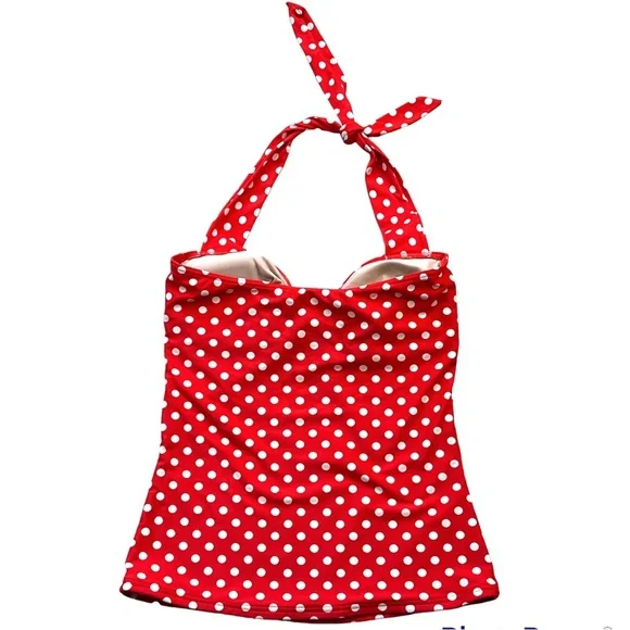 DownEast Basics Sausalito Halter Pinup Polka dot Tankini, red and white, size L - Picture 3 of 8